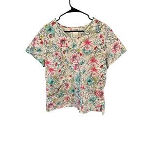Scrubstar Women's Short Sleeve V Neck Scrub Top Floral 100% Cotton Size Large